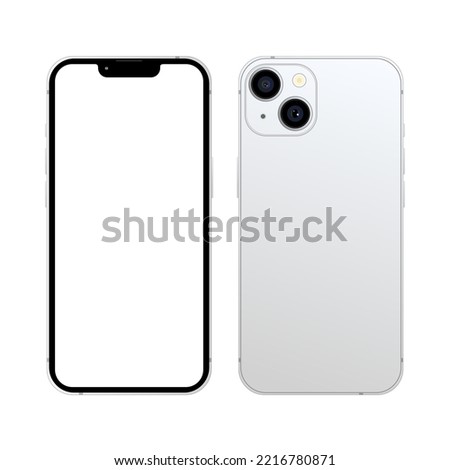 New iPhone 14 White, Front and back side. Smartphone mock up with white screen. Illustration for app, web, presentation, design. 