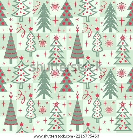 Seamless Christmas pattern with Christmas trees and decorations, flat vector background.