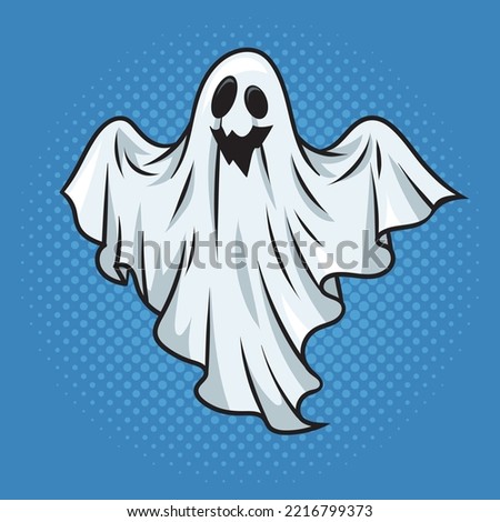 sheet ghost with smile halloween cartoon character pinup pop art retro vector illustration. Comic book style imitation.