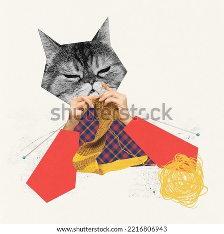 Contemporary art collage. Creative design. Cat's head with human hands doing scarf knitting. Relaxation. Concept of surrealism, hobby, creativity, animal theme. Copy space for ad, text