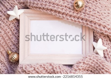   Winter, Christmas, New Year decorations composition, concept, background. Christmas greeting card. Photo Frame, border. Space for text.                                