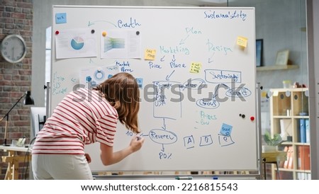 Young Female Entrepreneur Mind Mapping and Writing on a Whiteboard in Office. Director Using Charts, Statistics, and Post-its to Brainstorm for the New Marketing Strategy. Back View. Royalty-Free Stock Photo #2216815543