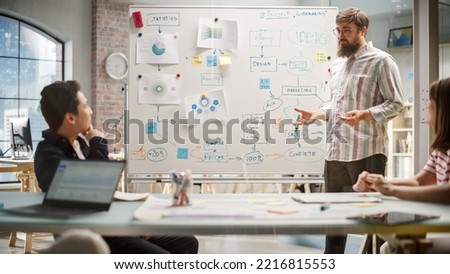 A White Young Caucasian Man Using a Whiteboard During a Meeting to Pitch Design Ideas. A Group of Multiethnic Colleagues Focused on Finance and Marketing Presentation with Charts.