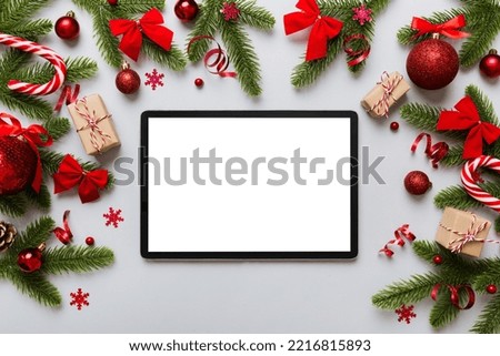 Top view of empty on Christmas background made of new year decorand festive decorations. New year holiday concept. Mockup.