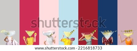 Women with glasses of martini instead of their heads on colorful background
