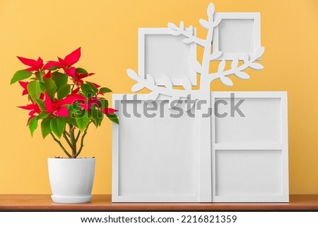 Family tree with photo frames and plant on table near yellow wall