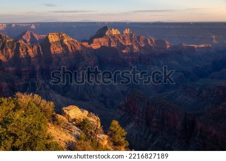 Grand Canyon north rim silhouette at golden sunset, Arizona, USA