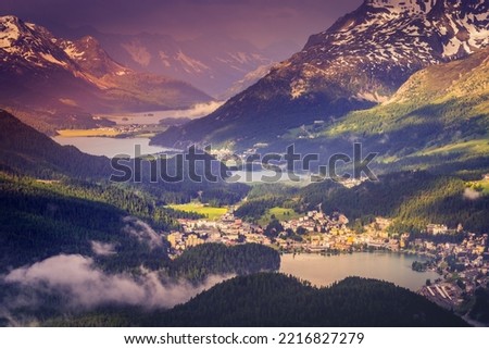 Celerina an Engadine Lakes, St Moritz, Silvaplana and Maloja from Muottas Muragl Royalty-Free Stock Photo #2216827279