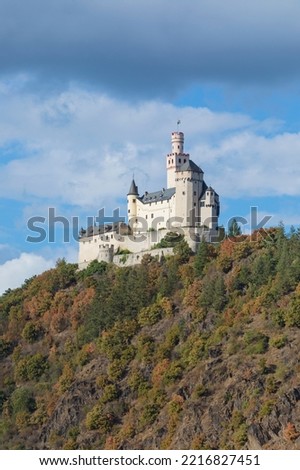 12th century Marksburg castle at Braubach in Upper Middle Rhine Valley, Rhineland-Palatinate, Germany Royalty-Free Stock Photo #2216827451