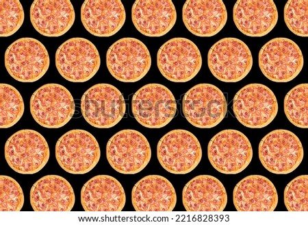 trendy colorful repeating pattern of a whole pizza on a black background. High quality photo