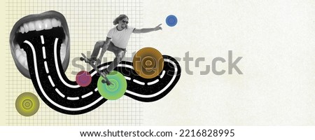 Contemporary pop art collage. Creative design with young retro man skateboarding, having fun on abstract background. Concept of creativity, surrealism, youth, imagination. Copy space for ad, poster