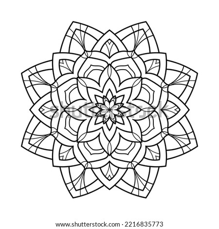 Mandala coloring page outlined black contour. Abstract floral lace pattern, round arabesque in oriental style. Circle round snowflake ornament for print or design. Outlined black line contour.