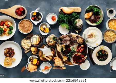3d rendering illustration of a variety of food on the table, top view, for the purpose of advertisement and commercial use