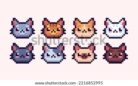 Domestic cat front face pixel art set. Cute kitty head collection. 8 bit sprite. Game development, mobile app.  Isolated vector illustration.
