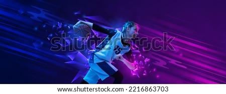Creative artwork. Teen girl, basketball player in motion on gradient blue purple background with polygonal and fluid neon elements.. Concept of sport, activity, creativity, energy. Copy space for art