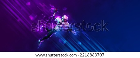 Man, professional american football player in motion, training on dark blue background with polygonal and fluid neon elements.. Concept of sport, activity, creativity, energy. Copy space for art, text