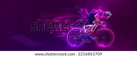 Creative artwork. Man, professional cyclist training, riding on purple background with polygonal and fluid neon elements. Concept of sport, activity, creativity, energy. Copy space for art, text Royalty-Free Stock Photo #2216863709