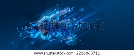 Creative artwork. Men, professional martial arts athletes training over dark blue background with polygonal and fluid neon elements. Concept of sport, activity, creativity, energy. Copy space for art Royalty-Free Stock Photo #2216863711