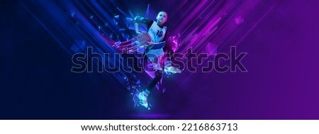 Creative artwork. Teen girl, basketball player in motion on gradient background with polygonal and fluid neon elements. Concept of sport, activity, creativity, energy. Copy space for art, text
