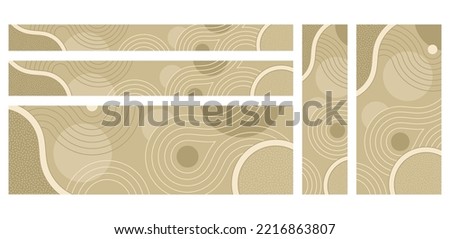 Zen garden japanese wide and vertical banners set. Abstract wavy beige background with copy space for text - circles of stones and wavy spirals Royalty-Free Stock Photo #2216863807