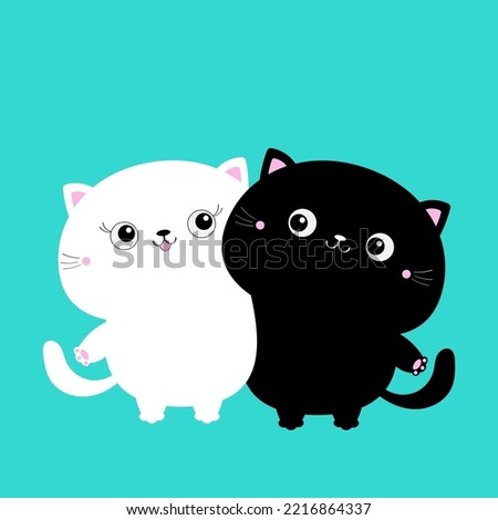 Black White cat hugging family couple. Girl Boy. Hug, embrace, cuddle. Cute funny cartoon character. Happy Valentines day. Greeting card. Kitty kitten. Baby pet. Blue background. Flat design
