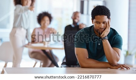 Workplace bullying, depression and gossip of businessman with anxiety, mental health and pointing employees in office conflict. Lonely, depressed and harassment of sad victim in worker discrimination Royalty-Free Stock Photo #2216870777