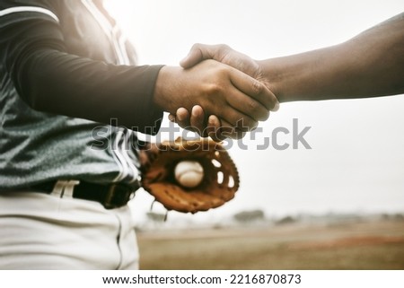 Baseball, fitness or zoom of handshake for training, wellness or team exercise game. Thank you, health or sport success with people for respect shaking hands for sports workout or event on field