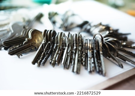 Too many passwords to manage. Password and security concept image. Many metal keys attached to a huge key chain on a desk.