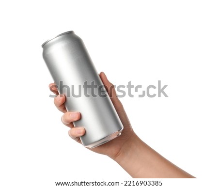 Woman holding aluminum can on white background, closeup Royalty-Free Stock Photo #2216903385
