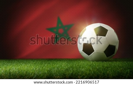 Morocco national team composition with classic ball on grass and flag in the background. Front view.