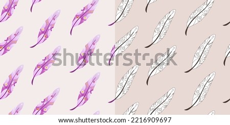 Seamless patterns with feathers. Pink and black-white feathers.
