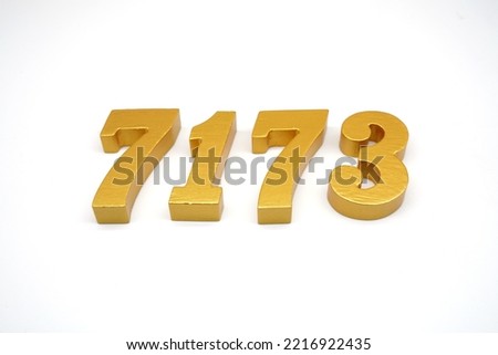  Number 7173 is made of gold-painted teak, 1 centimeter thick, placed on a white background to visualize it in 3D.                               