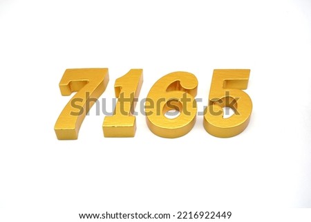  Number 7165 is made of gold-painted teak, 1 centimeter thick, placed on a white background to visualize it in 3D.                               