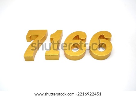 Number 7166 is made of gold-painted teak, 1 centimeter thick, placed on a white background to visualize it in 3D.                                