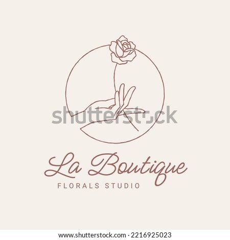 Hand Drawn Feminine Logo. Modern Flower House Logo Template for florists, photographers, fashion bloggers, design studios, and interior designers. Branding identity collection. Floral minimal logo