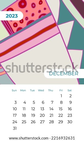 2023 December calendar abstract contemporary art vector. Desk, screen, desktop month 12, 2023, colorful 2023 calendar template, agenda. Psychedelic calendar, day planner starts Sunday. December page