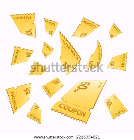 Vouchers and coupons concept. Vector 3d illustration. gold vouchers  and yellow coupons on white background. Rain of golden vouchers. Falling or flying coupons. Royalty-Free Stock Photo #2216934021