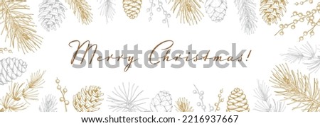 Merry Christmas and Happy New Year horizontal greeting card with hand drawn golden evergreen branches and cones. Vector illustration in sketch style. Holiday festive background
