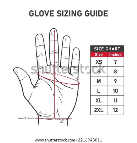 Hand drawn illustration of hand glove sizing guide and charts