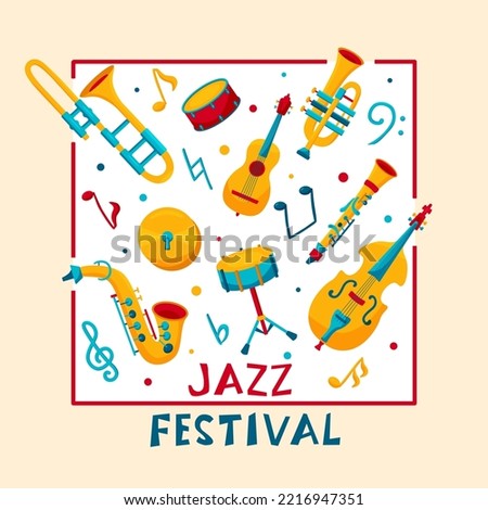 Jazz Festival poster with set of musical instruments. Funny vector flat illustration with trumpet and saxophone in bright colors on pale square background. Various musical symbols, objects and notes