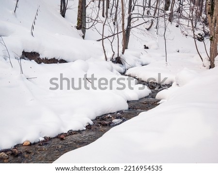 Minimalist abstract picture of a mountain stream flowing beneath the white frozen snow.