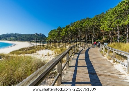 Beautiful Rodas beach in Cies Islands National Park in Vigo, Galicia, Spain. Royalty-Free Stock Photo #2216961309