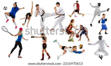 Sport collage of professional male and female athletes or players on white background, flyer. Concept of motion, action, power, target and achievements, healthy, active