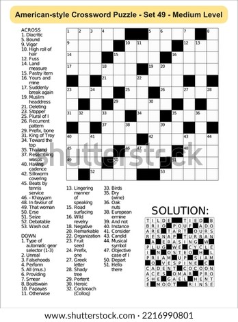 American-style crossword puzzle game with 13 x 13 squares. Includes blank crossword grid, have clues, with the solution.