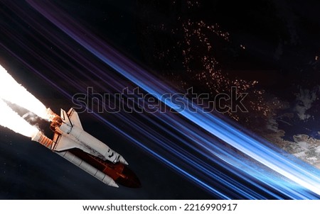 Space shuttle on background of habitable deep space planet. Science fiction. Elements of this image furnished by NASA