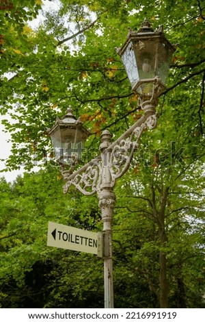 German Toilet or Toiletten sign on an old time lamp post with intricate iron lacework and glas casing in a park in front of trees