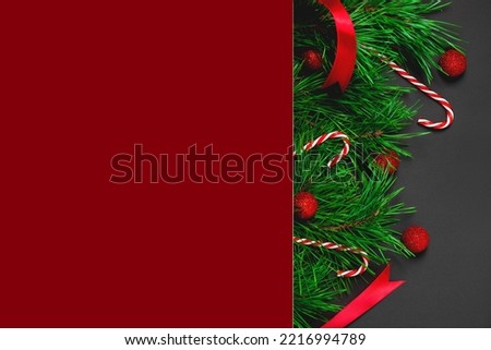 Greeting card, invitation, mockup with copy space and Xmas decorations, top view on a christmas background. High quality photo