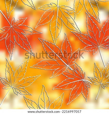Autumn background from white maple contour leaves. Spotted blurred background in yellow, orange, red and white tones. Great as a background for a poster, web pages, advertising, or other.
