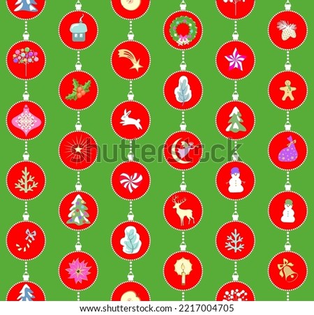 Green red Christmas seamless craft wallpaper with decorative garland with Xmas star, angels, bunny, jingle bell, gift, reindeer, gingerbread, candy, candle, snowman, poinsettia flower, snowy firs, xma