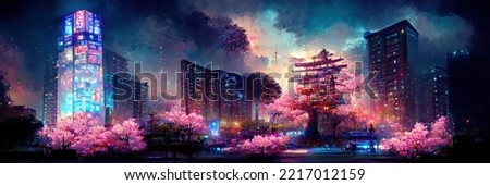 Fantasy night city Japanese landscape, neon light, residential buildings, big sakura tree. Night urban fantasy background. 3D illustration.